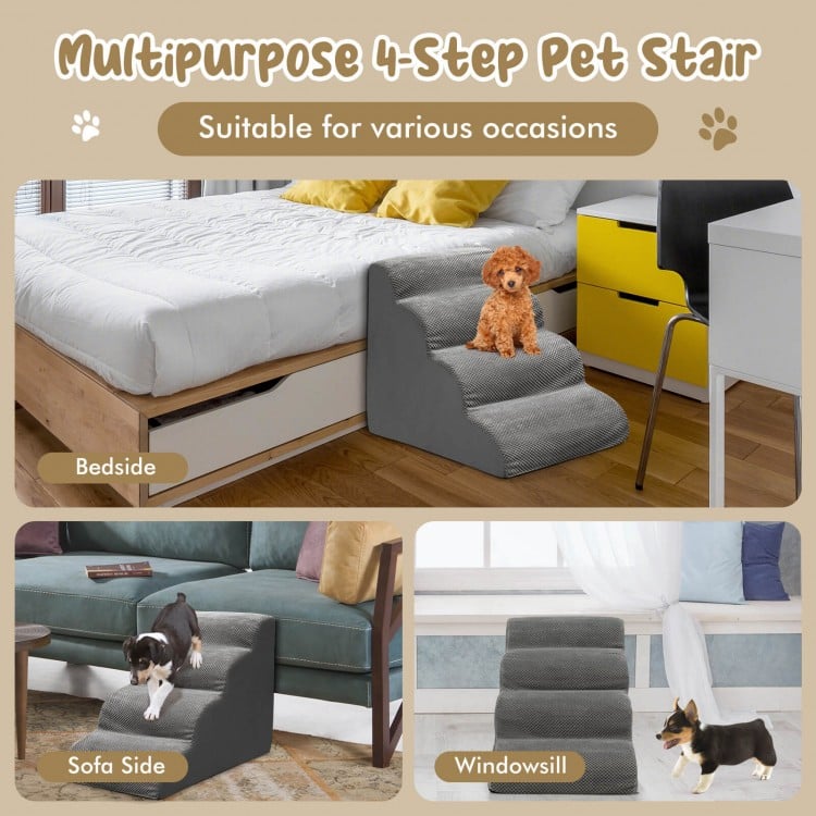 4-tier gray foam dog steps with non-slip surface, ideal for pets to easily access beds, sofas, and windowsills.